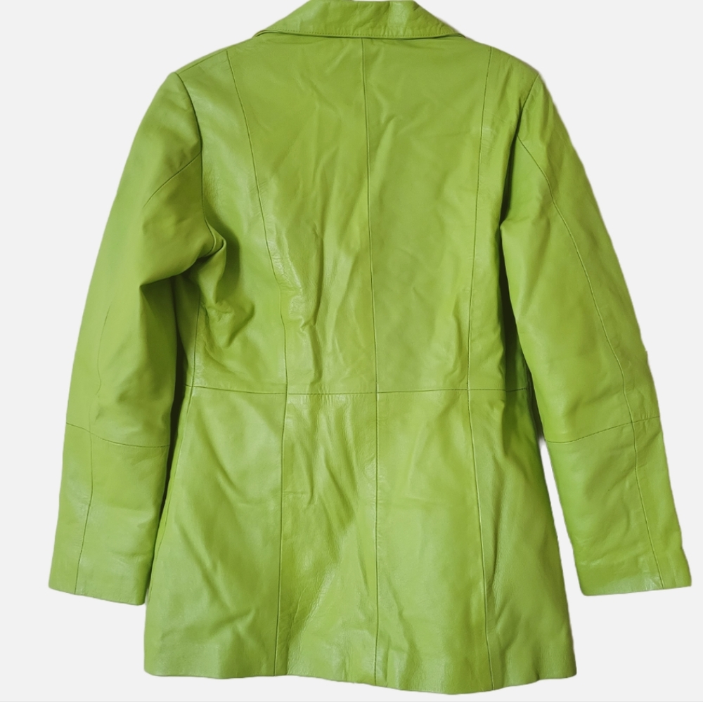 Vintage Y2K oversized long lime green genuine leather blazer jacket - Picture 2 of 9